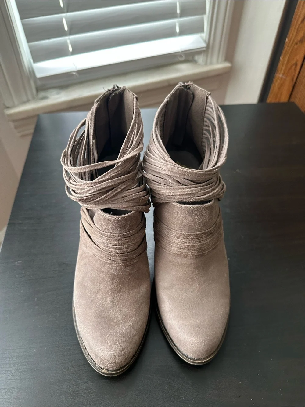 Fergalicious Taupe Suede Fringe Booties size 7.5
